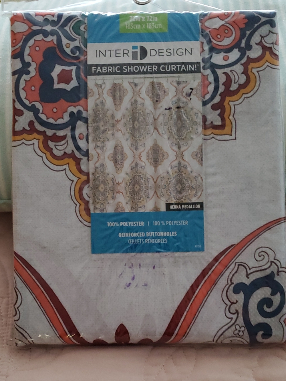 Henna Medallion Fabric Shower Curtain - White with Orange & Blue Medallion